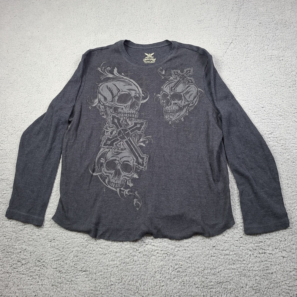 Faded Glory Skull Cross Thermal Shirt Mens 2XL Waffle Knit Long Sleeve Y2K Biker
